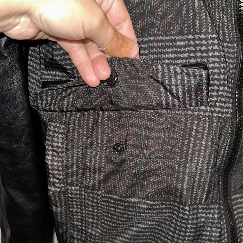 Guess S Moto Bomber Jacket Plaid Nylon Leather Combo Full Zip Multiple Pockets